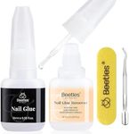 Beetles Nail Glue with Glue Remover Kit, 2 * 10ML Super Strong Nail Glue for Acrylic Press on Nails, Nail Glue Remover Easy to Remove Glue Off Fake Nails Nail Adhesive Remover with Cuticle Pusher