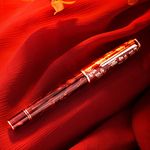 Hongdian N8 Red Fountain Pen, Iridium Fine Nib, Gold Plated Maple Leaf Carving Cap Smooth Writing Acrylic Pen with Converter and Metal Pen Case Set