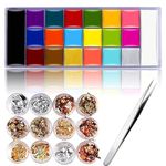 20 Colors Face & Body Paint Palette, Halloween Makeup Kit With Gold, Silver, Rose Gold Leaf - Professional Face Painting Set for Cosplay Party SFX Arty Stage Makeup