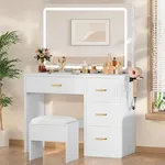 YITAHOME Makeup Vanity Table Set with Cushioned Stool, Large LED Mirror with 3 Color Lighting Modes, Power Outlets, and 4 Drawers