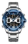 NAVIFORCE Digital Watch Men Waterproof Sports Watches Stainless Steel Military Quartz Wristwatches, SILVER BLUE