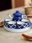 BACKKSPACE RETAIL Hand Painted Ceramic Tea Pot Set with 4 Cups (180ml each), 1 Kettle (600ml), and 1 Tray | Elegant Royal Blue Design |Microwave & Dishwasher Safe| Perfect for Tea Lovers