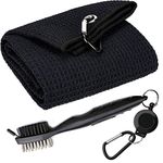 Golf Towels, Microfiber Waffle Pattern Tri-fold Golf Towel - Brush Tool Kit with Club Groove Cleaner, with Clip Men Women Golf Gifts (Black Towel+Black Brush)