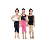 Robinbosky Premium Girls Capri Leggings Pink, Brown and Navy Value Combo Pack of 3 (13-14 Years, Baby Pink, Skin and Navy)