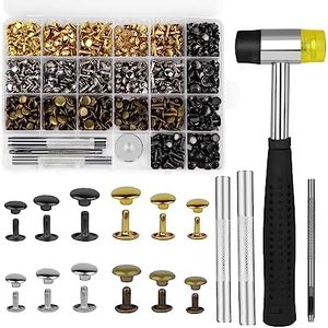 360 Set Kit di Rivetti in Pelle 4 Colori Rivetti a Doppio Cappuccio per Pelle 3 Misure con Martello di Gomma Kit di Attrezzi per L'installazione 4 Pezzi per Artigianato in Pelle Fai da Te