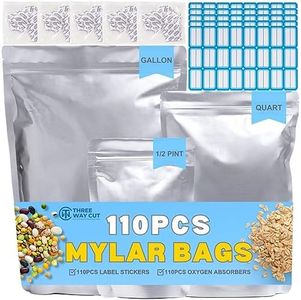 Three Way Cut Mylar Bags For Food Storage -110pcs 10 Mil Thick with Oxygen Absorbers 400cc, Ziplock Variety Gallon, Quart, 1/2 Pint Labels Long Term & Large Storage, Heat Vacuum Seal…, Silver (MB110)