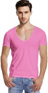 Zbrandy Deep V Neck Shirts Men Vneck Tshirt Low Cut Undershirts Slim Fit Short Sleeve Tees Casual Pink L