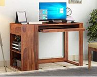 MURALICRAFT Solid Sheesham Wood Office Table for Office Work | Wooden Study Desk for Adults | Study/Computer/Laptop Table with Keyboard Tray & 2 Open Right Side Shelf Storage for Home & Office | Honey