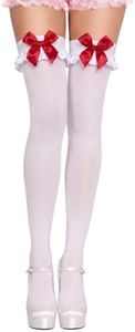 RSLOVE Women's Thigh High Stockings with Bow and Ruffle Trim White Red