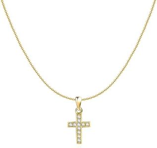 Collana da donna lunga con croce sottile, ornata di zirconi scintillanti. Collana in argento 925 da donna ideale come regalo. Collane lunghe donna particolari. Gioielli da donna (Placcato oro)