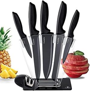 Fruitalite 7-Pieces Kitchen Knife Set with Stand & Sharpener- Heavy Duty Stainless Steel Blades with Non-Stick Coating | Premium Build | Professional Sharp Chef Knives | Non-Slip Handle- Black
