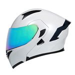 Woljay Full Face Flip Up Motorcycle Modular Helmet Integrated Motorbike Dual Visor for Adults Men Women Moped Street Racing DOT Approved (M,White-Multicolor Visor)