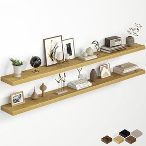 72 Inch Floating Shelves for Wall, Rustic Wood Wall Mounted Deep Storage Shelves with Invisible Brackets, Panoramic Decorative Display Ledge for Living Room Bedroom and Kitchen, Set of 2, Oak