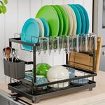 TEX-RO 2 Tier Dish Drying Rack for Kitchen with Drainer Tray | Utensils Drying Rack with Cutlery Holder | Glass Holder & Cutting Board Holder | Anti-Rust Steel Dish Rack Kitchen Organizer (Black)