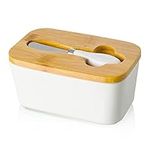 Porcelain Butter Dish with Knife & Wooden Lid, Candiicap Airtight Butter Keeper for Countertop, Large Butter Holder for East West Coast Butter(Matte White)