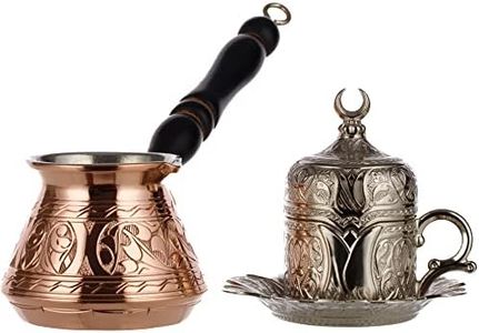 DEMMEX Juego de 6 piezas de café griego turco para 1 con olla de cobre de 1 mm de grosor y tapa de platillo de taza resistente y cuchara (cobre y plata)