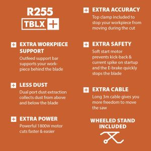 Evolution R255TBLX Table Saw – 255mm Blade, Powerful Wood Cutting