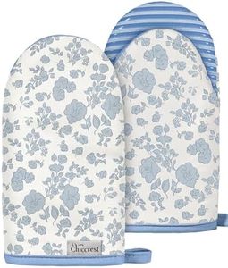 chiccrest Mini Oven Mitts Heat Resistant with Full Silicone Grip - Blue & White Fresh Floral Kitchen Mitts for Oven Washable Non-Slip 100% Cotton Oven Mitts for Women