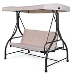 COSTWAY 3 Seater Garden Swing Chair, Convertible Outdoor Hammock Bench Chair with Adjustable Canopy and Cushions, Steel Frame Porch Patio Swing Seat Lounger for Balcony, Deck and Poolside (Beige)