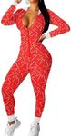 Ekouaer Christmas Onesie Women Sexy Pajamas Zipper Halloween One Piece Bodycon Outfit Jumpsuit Costume Candy Cane Print L