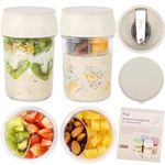 SOLIGT NOVIIML k Overnight Oats Containers with Lids, Folding Spoons and Divided Compartments for Fruit & Nuts, Small Glass 16oz Mason Jars for Oatmeal Yogurt Parfait (2 Set-Oat White/Oat White)