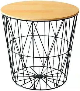Modern Round Metal Side Table, Laundry Basket Living Room End Tables Coffee Table, Stackable Round Tables with Wood Top and Iron Frame