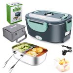 Budth 80W Electric Lunch Box, Portable Food Warmer for Car Truck Office, 12V 24V 220V Adapter, Leak Proof, 304 Stainless Steel Container, SS Fork & Spoon and Carry Bag (GreyGreen)