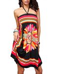 Sexyshine Womens Summer Strapless Floral Print Bohemian Vintage Tube Wrapped Chest Casual Mini Dress Beachwear Cover up, Black, XX-Large