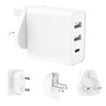 Travel Adapter, UK to EU European USA Plug Adapter Fast Charger, Universal 3-Ports Worldwide Multiport USBC Wall Adapter for Phone, Android Samsung, Germany France Spain Europe Euro US