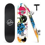 BELEEV Skateboard, 31 x 8 inch Complete Skateboard for Beginners, 7-Ply Canadian Maple Double Kick Deck Concave Cruiser Trick Skateboard for Kids and Adults with Skate T-Tool (Rose Graffiti)