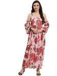 Juniper Light Pink Floral Printed Chiffon Maxi Dress with Adjustable Straps & Cold Shoulder for Women