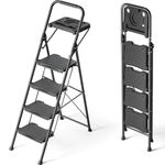 KINGRACK 4 Step Ladder with Tool Platform, Sturdy Step Stool, Anti-Slip Wide Pedals, Handrail, Foldable Step Ladder, Pass 900LBS Testing, Multi-Use for Home, Garage, Garden, Painting, Black