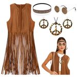 Amazluck 70s Fancy Dress Women Fringed Waistcoat Hippie Costume Hippie Accessories 70s Costumes for Women 70s Fancy Dress Plus Size Hippie Headband XL