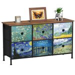 VEDECASA Dresser Bedroom with 6 Fabric Drawers Wide Dressers & Chests of Drawers Van Gogh TV Stand with Wood Top Metal Framed for Girls Boys Bedroom Kids Room Living Room