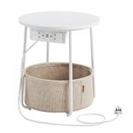 VASAGLE Side Table with Charging Station, Round End Table with Power Outlets, USB Ports, Fabric Basket, Living Room, Bedroom, Bedside Table, Modern, Matte White and Camel Brown LET228W03