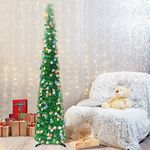 Pop Up Christmas Tree with Lights, 5FT 50LED Pencil Christmas Tree with Silver Snowflake Sequins, Artificial Green Tinsel Skinny Christmas Tree Collapsible Tree for Indoor, Party, Xmas, Home Decor