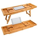 Wooden-Life Bathtub Caddy Tray& Laptop Desk with Foldable Legs, 2 in 1 Wisdom Design - Luxurious Bathtub Caddy with Extending Sides, Tablet Holder, Reading Rack,Cellphone Tray and Wine Glass Holder