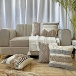 Export House Cotton Modern Art Boho Cushion Cover Set Of 5 | Handcrafted Decorative Cusion Cover 16 X 16 Inch Set Without Fillers| Throw Pillow Cover For Home Decor, 250 TC, Beige