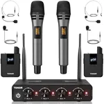 UHF 4 Channel Wireless Microphone System with 2 Cordless Handheld Lavalier Headset Mics Bodypack, ABS Receiver, Ideal for Karaoke Church Party Class Sports