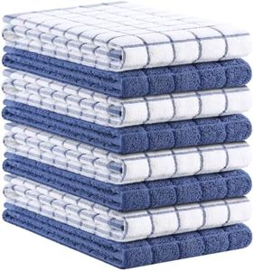 Kitinjoy Premium Kitchen Towels (16"x 28", 8 Pack), Large 100% Cotton Terry 390 GSM Kitchen Hand Towels, Ultra Absorbent Check Design Tea Towels Set with Hanging Loop, Navy Blue