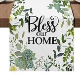 Bless Our Home Table Runner- Tropical Green Tabletop Cloth Dinning Room Decor- White Greenery Eucalyptus Floral Kitchen Dinning Home Decoration 13" x 72"