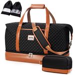 Lekesky Weekend Travel Bags for Women - 50l Foldable Overnight Bag with Shoes Bags & Toiletry Bag & Shoes Compartment, Travel Holdall Bag for Airlines(Black Quilted,50.8 * 28.4 * 33cm)