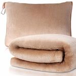 DAWNTREES 180 x 100cm Travel Blanket and Pillow Set,2 in 1 Large Airplane Blanket with Soft Bag Essential for Airplane, Car, Long-Distance Travel, and Outdoor Camping (Beige)