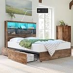 AMERLIFE Queen Size Bed Frame Wooden Platform Bed with 51.2" LED Storage Bookcase Headboard, 4 Storage Drawers & Charging Station/No Box Spring Needed/Noise Free/Rustic Brown