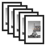 upsimples 8x12 Picture Frame Set of 5, Display Pictures 6x8 with Mat or 8x12 Without Mat, Wall Gallery Photo Frames, Black