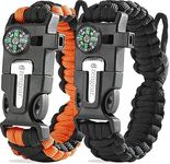 aZengear Paracord Survival Bracelets - Compass, Flint Fire Starter, Whistle, Adjustable Wrist Size - Camping, Hiking, Emergency Kit (Black & Orange, Pair)