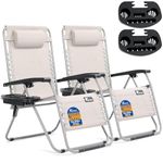 SUNMER Padded XXL Sun Lounger Garden Chairs - Extra Wide Set of 2 Zero Gravity Chairs with Cup & Phone Holder, Adjustable Headrest & Pillow - Folding Deck Recliner Outdoor Seating - Grey
