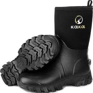 Kalkal Rubber Boots For Men, Neoprene Insulated Mens Rain Boots, Waterproof Mid Calf Mud Boots, Sturdy Rubber Work Boots For Fishing Farming Gardening Hunting, Black 8