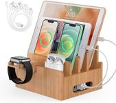 Pezin & Hulin Cell Phone Charging Stations, Bamboo Dock Organizer for Multi Devices, Tablets, Smart Watch, with Pack 5 Cables, No Power Charger Supply