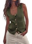 PRETTYGARDEN Women's Summer Vests Sleeveless Button Down Knitted Tank Tops Casual Y2K Sweater Vest Blouse with Pockets (Army Green,Medium)